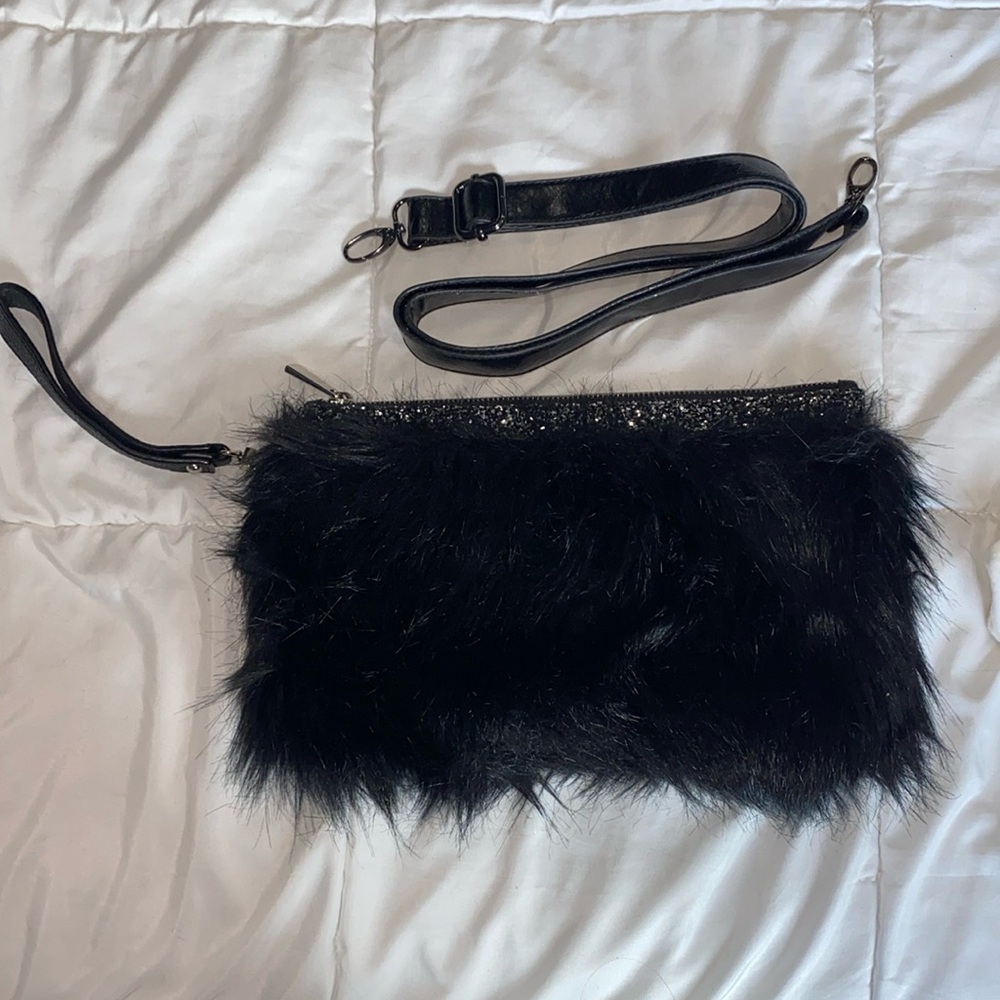 Guess faux furry glitter clutch/wristlet